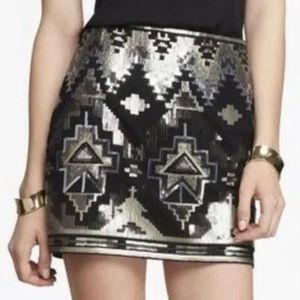 Express Bronze/Silver/Black Sequin Aztec Mini Skirt XS EUC